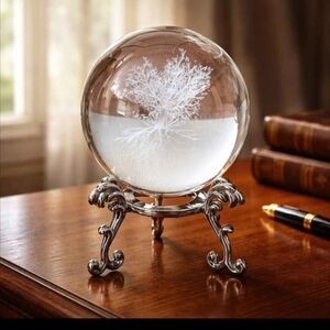 New Miniature 3" Glass Laser Engraved Tree Gazing Ball With Stand